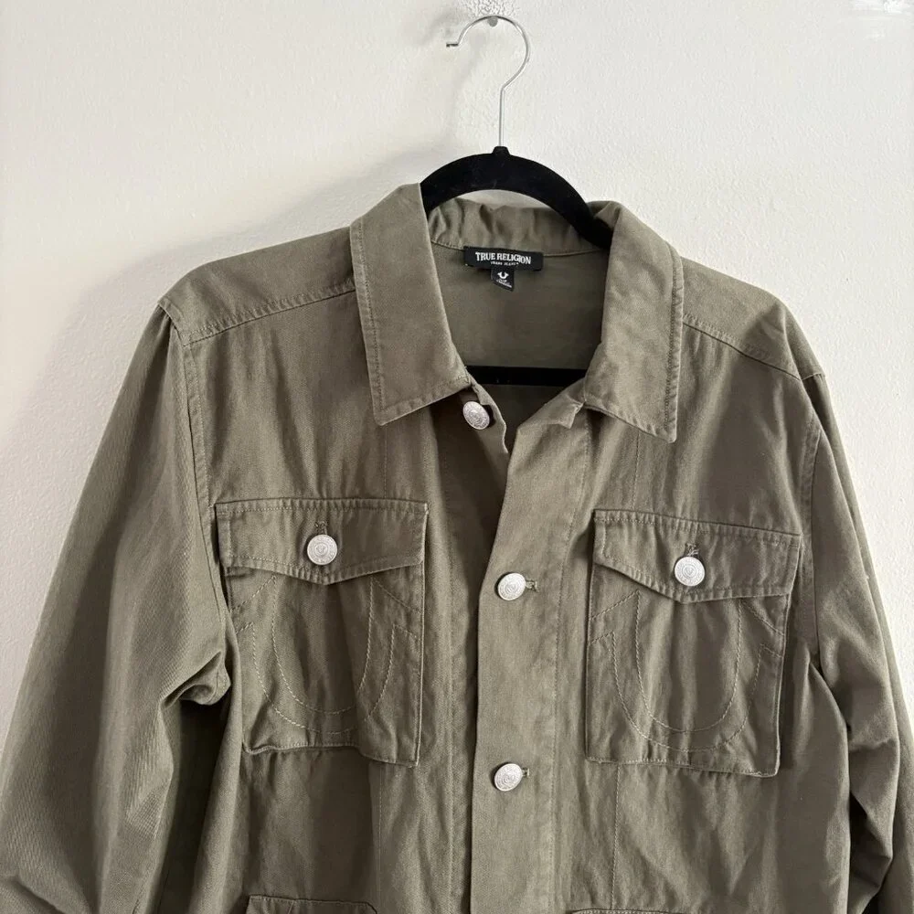 True Religion Men S Olive Green Casual Button Front Buddha Logo Military Jacket